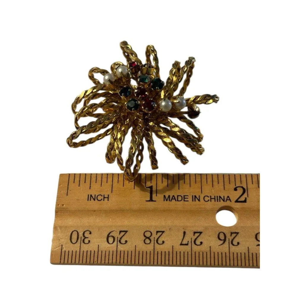 Austria 3D Rope Brooch Pin Starburst Fireworks‎ Atomic Rhinestone Faux Pearl VTG